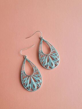 Large Teardrop Filigree Dangle Earrings, Silver Tone